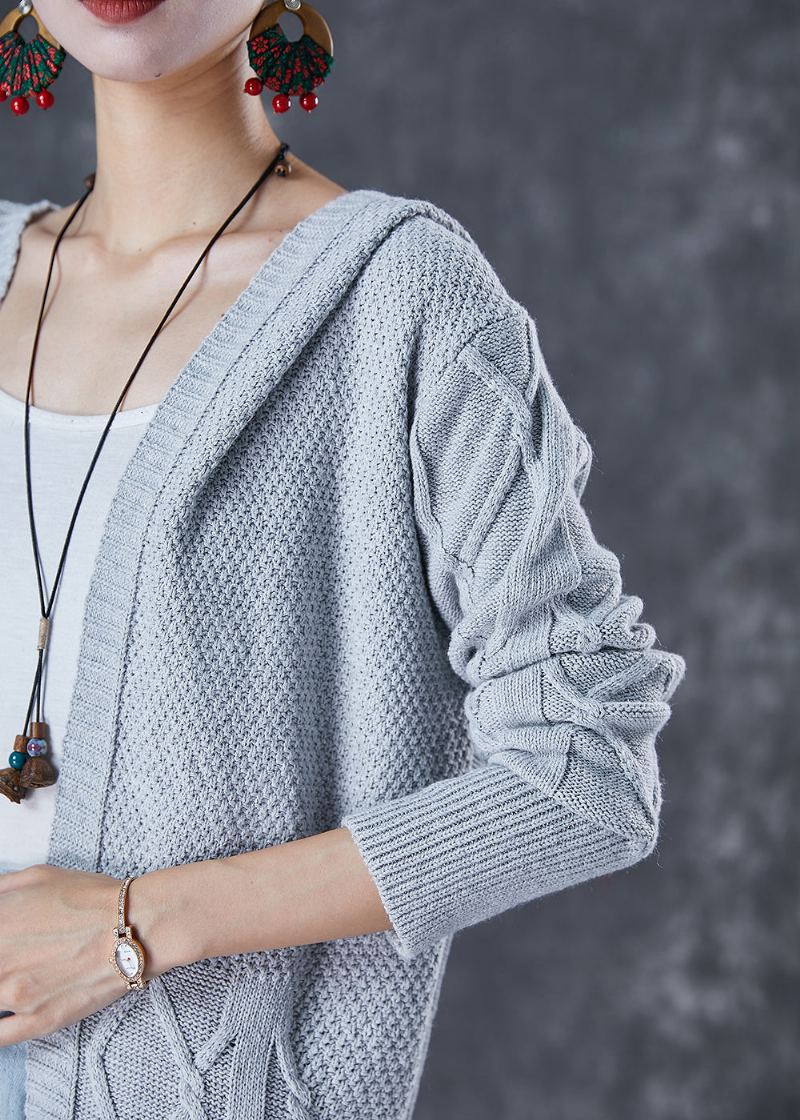 Cardigan Ample En Tricot Torsadé À Capuche Gris Clair Français Automne - Cardigans femmes