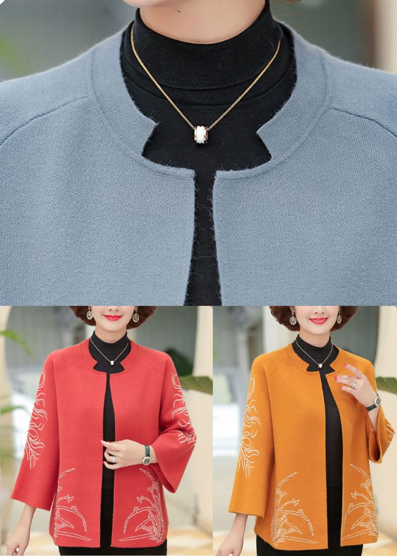 Cardigan En Laine À Manches Longues Et Col Rond Orange Élégant Brodé De Perles À Ongles - Orange