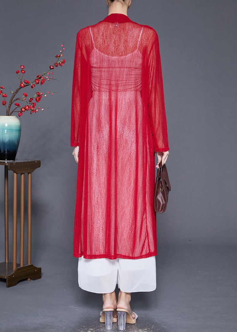 Cardigan Long En Coton À Poches Surdimensionnées Rouge Biologique Automne - Cardigans femmes
