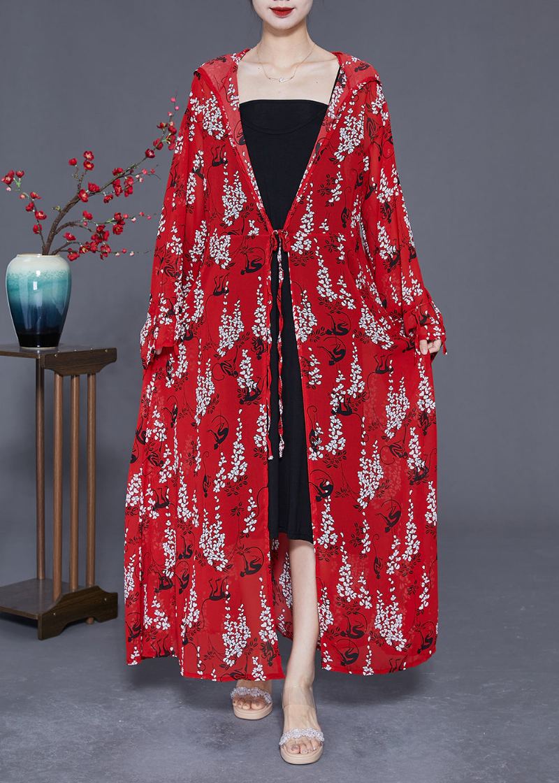 Cardigan Long En Mousseline De Soie Imprimé Rouge Capuche Cravate À La Taille Été