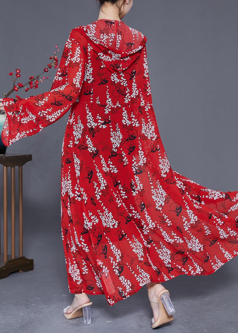 Cardigan Long En Mousseline De Soie Imprimé Rouge Capuche Cravate À La Taille Été - Cardigans femmes