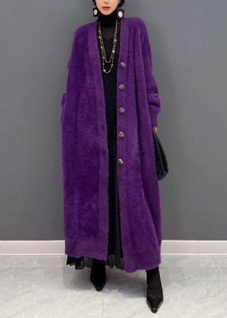Cardigan Long Tricoté En Poils De Vison Épais Violet Moderne Col En V Surdimensionné Hiver