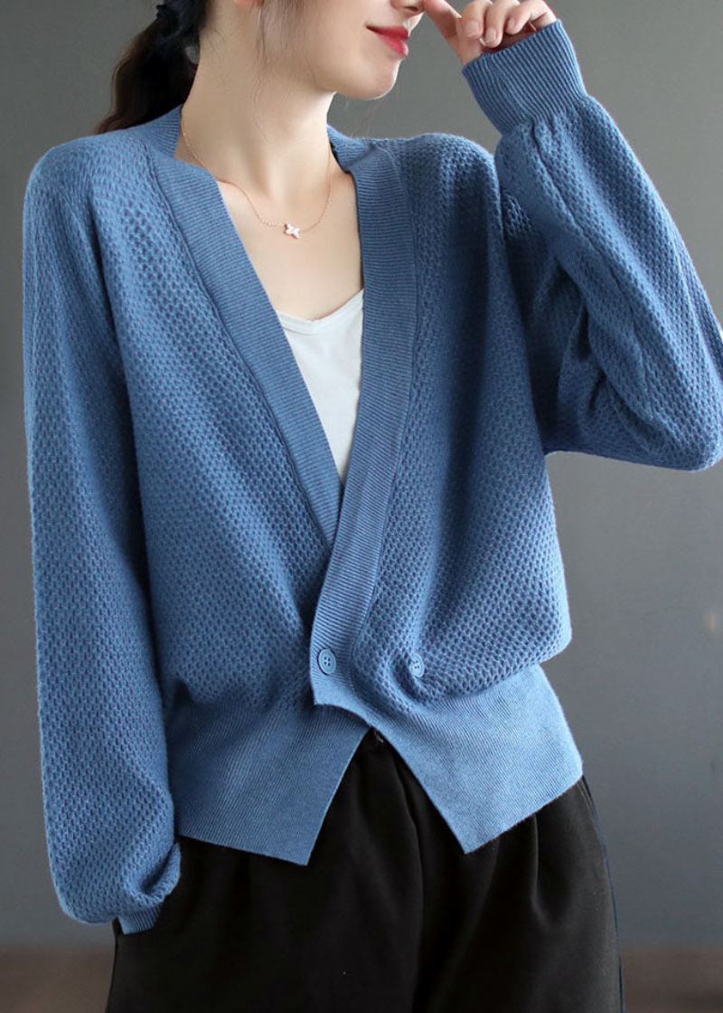 Cardigan En Tricot Bleu Pour Femmes Col En V Boutons Unis Automne - Bleu