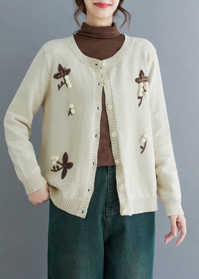 Cardigan En Tricot Brodé Beige Fait Main Hiver