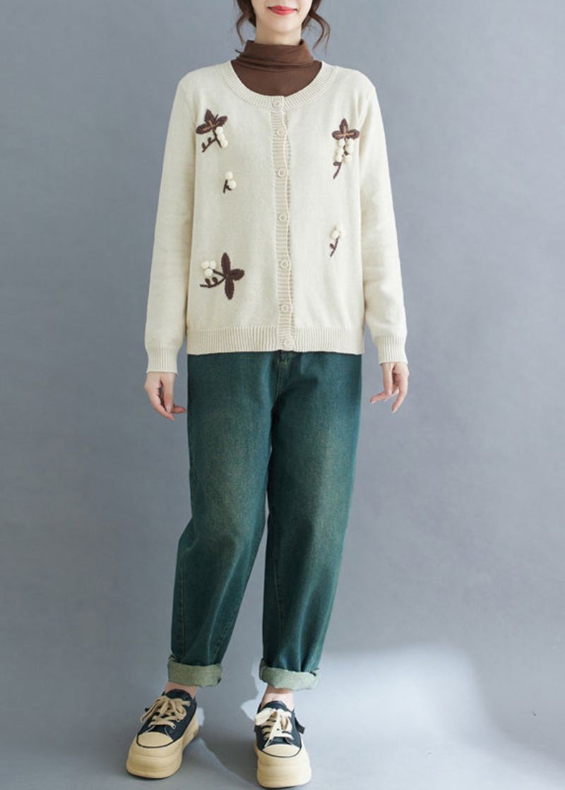 Cardigan En Tricot Brodé Beige Fait Main Hiver - Cardigans femmes