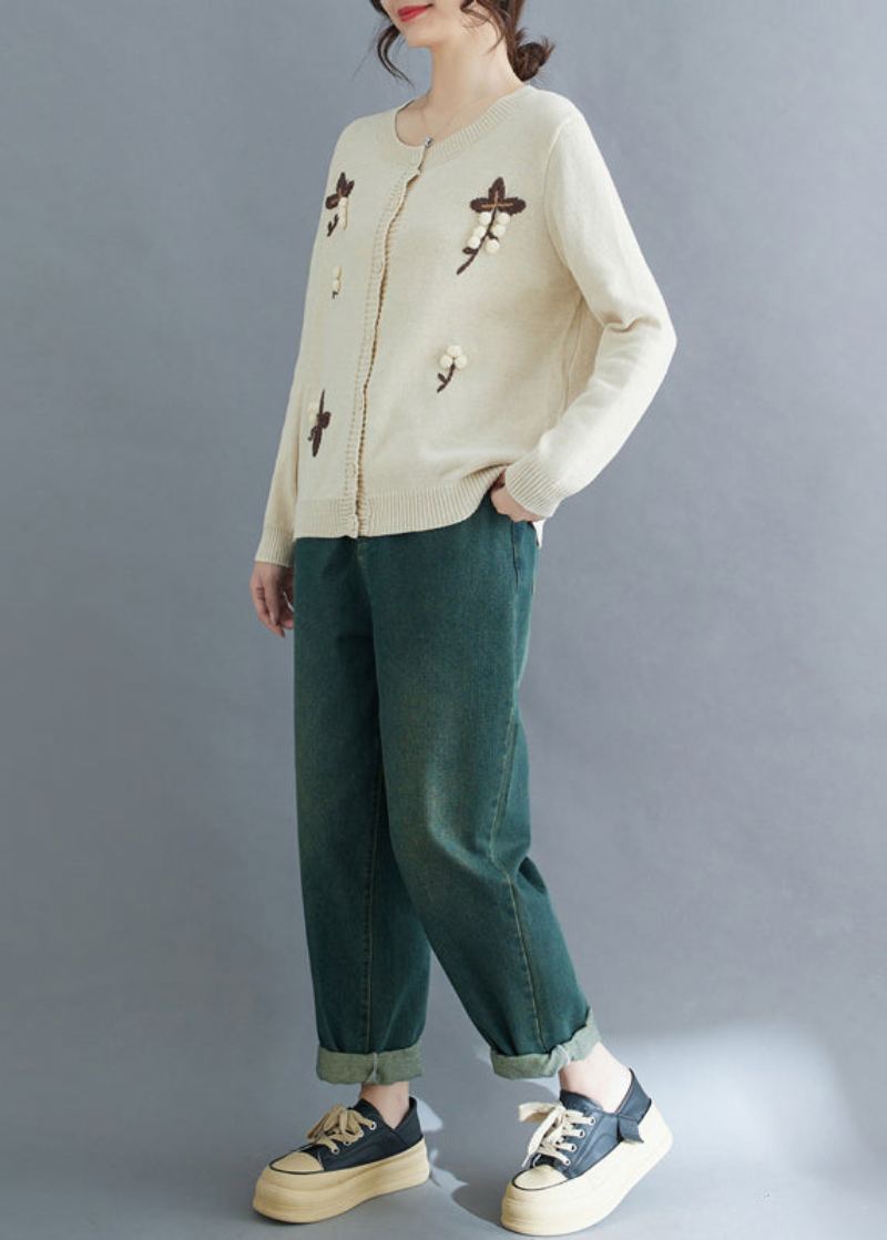 Cardigan En Tricot Brodé Beige Fait Main Hiver - Cardigans femmes