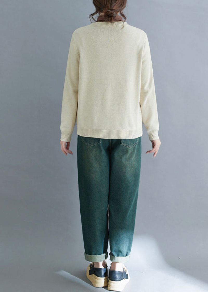 Cardigan En Tricot Brodé Beige Fait Main Hiver - Cardigans femmes