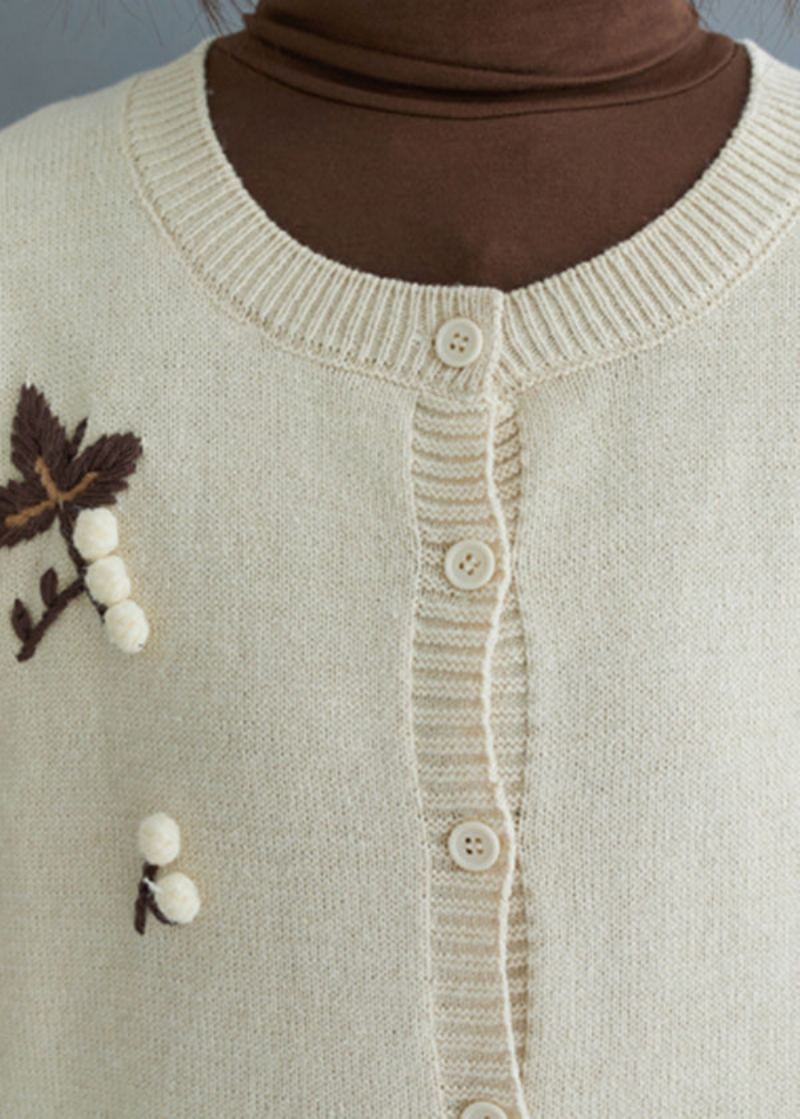 Cardigan En Tricot Brodé Beige Fait Main Hiver - Cardigans femmes
