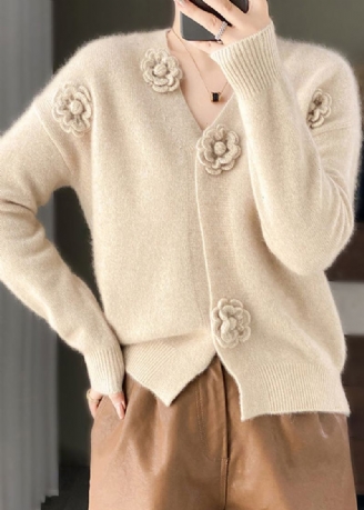 Cardigan En Tricot De Cachemire Au Crochet Floral Beige À Col En V Fait À La Main Printemps