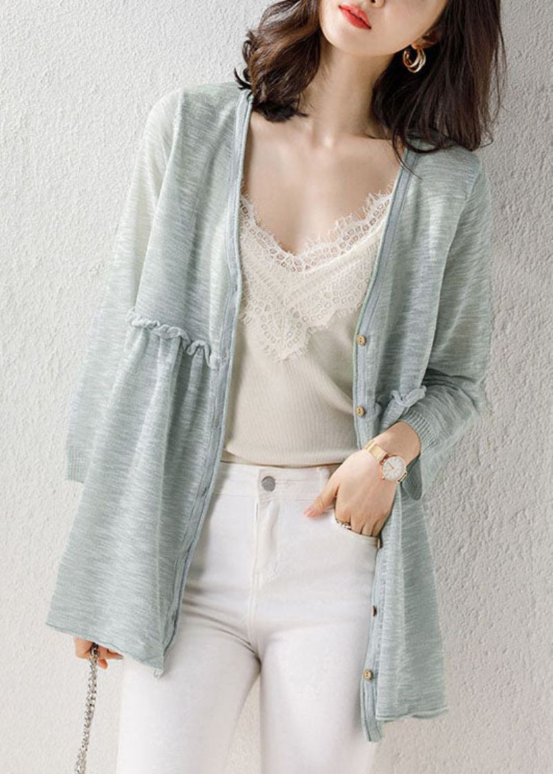 Cardigan En Tricot Fin Patchwork Vert Clair Col En V À Volants Été