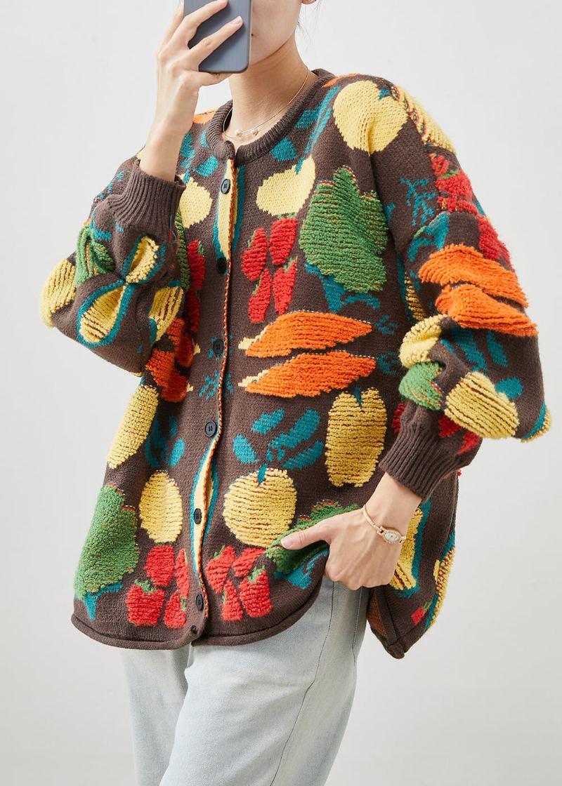 Cardigan En Tricot Jacquard Chocolat Surdimensionné Hiver