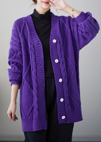 Cardigan Violet Confortable En Tricot Épais À Boutons Et Col En V Automne