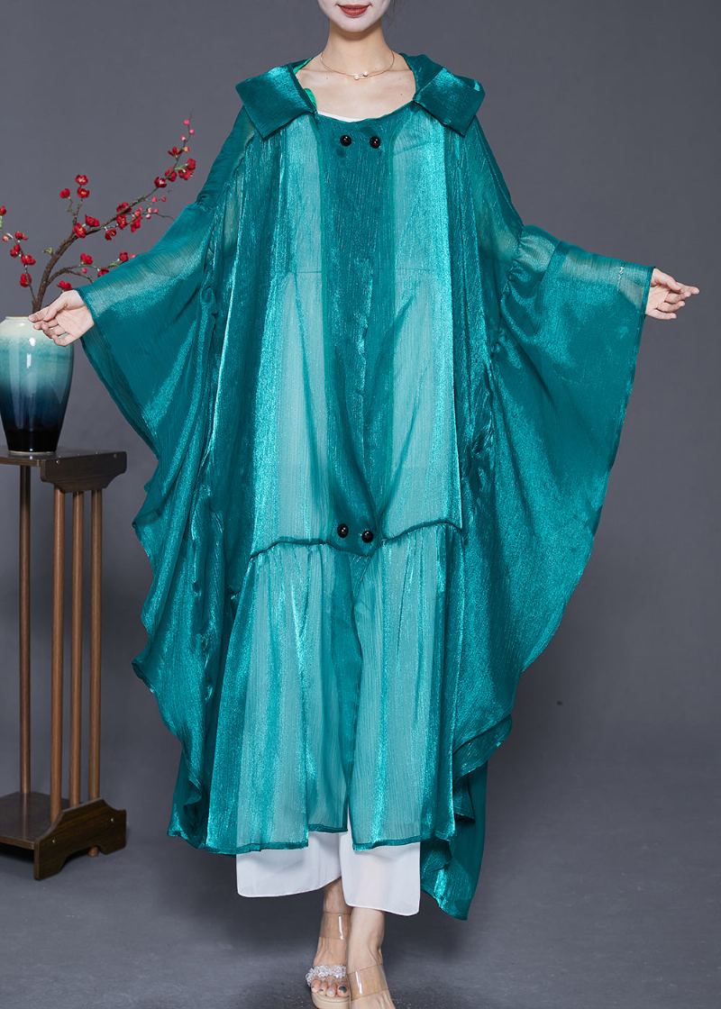 Cardigans Longs En Soie Ample Vert Paon À Capuche Patchwork Été - Cardigans femmes