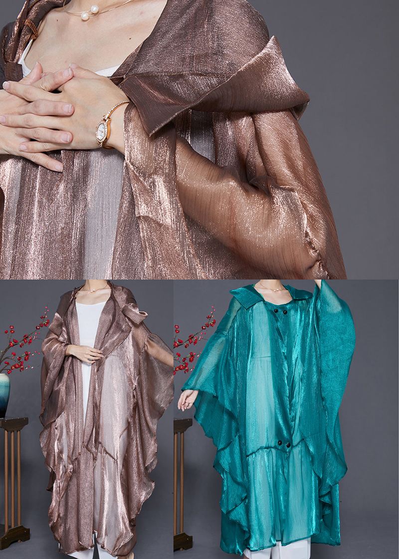 Cardigans Longs En Soie Ample Vert Paon À Capuche Patchwork Été - Cardigans femmes