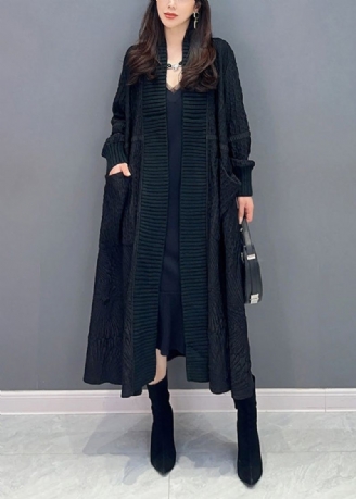 Cardigans Longs En Tricot Avec Poches Noires Patchwork Col En V Automne