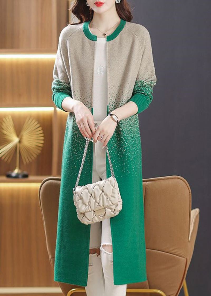 Cardigans Longs En Tricot Avec Poches Vertes Patchwork Col Rond Automne - Cardigans femmes