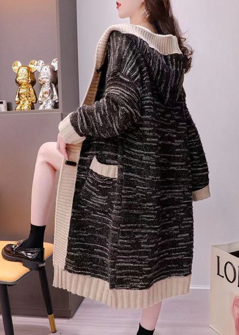 Cardigans Longs En Tricot Chaud Rayé À Capuche Noir De Grande Taille Printemps - Cardigans femmes