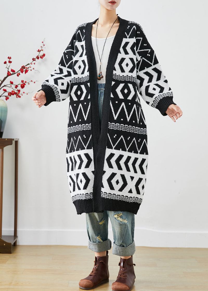 Cardigans Longs En Tricot Imprimé Surdimensionné Noir Élégant Automne - Cardigans femmes