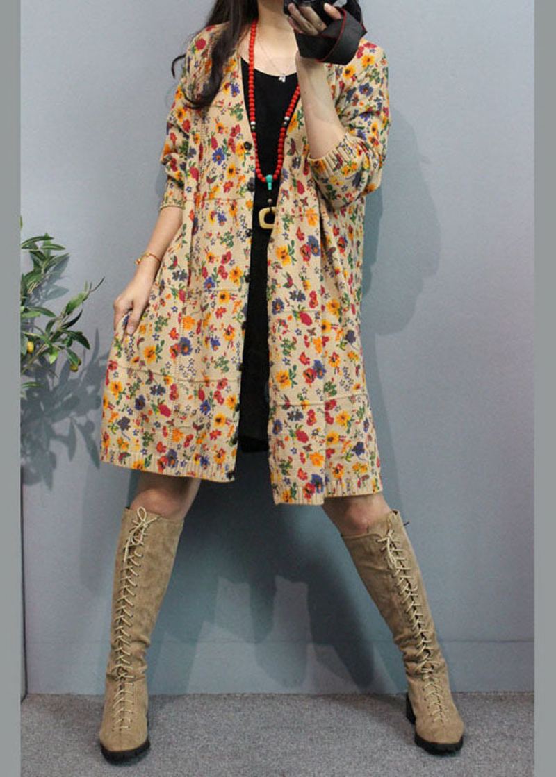 Cardigans De Pull Floral D'automne À Boutons Imprimés À Col En V Abricot Biologique - Cardigans femmes