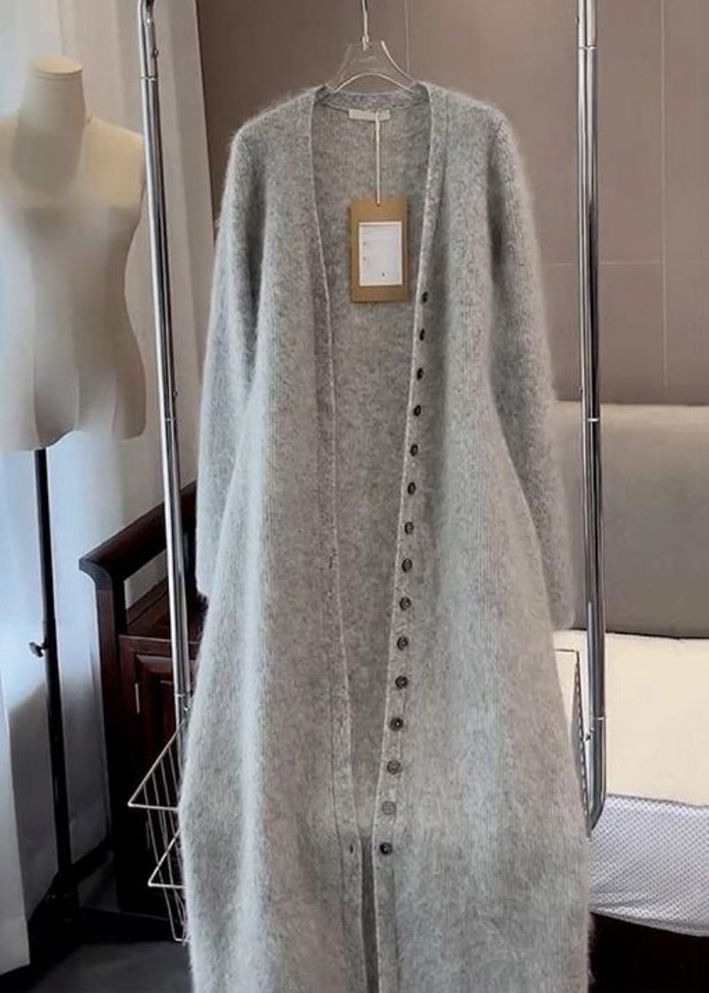 Cardigans En Tricot De Coton Boutonné Gris Simple À Manches Longues - Cardigans femmes