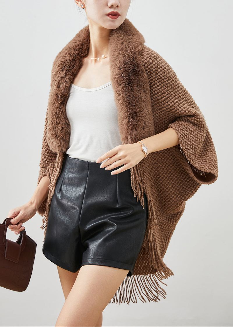 Cardigans En Tricot À Glands Et Col En Fourrure Marron Boho Automne - Cardigans femmes