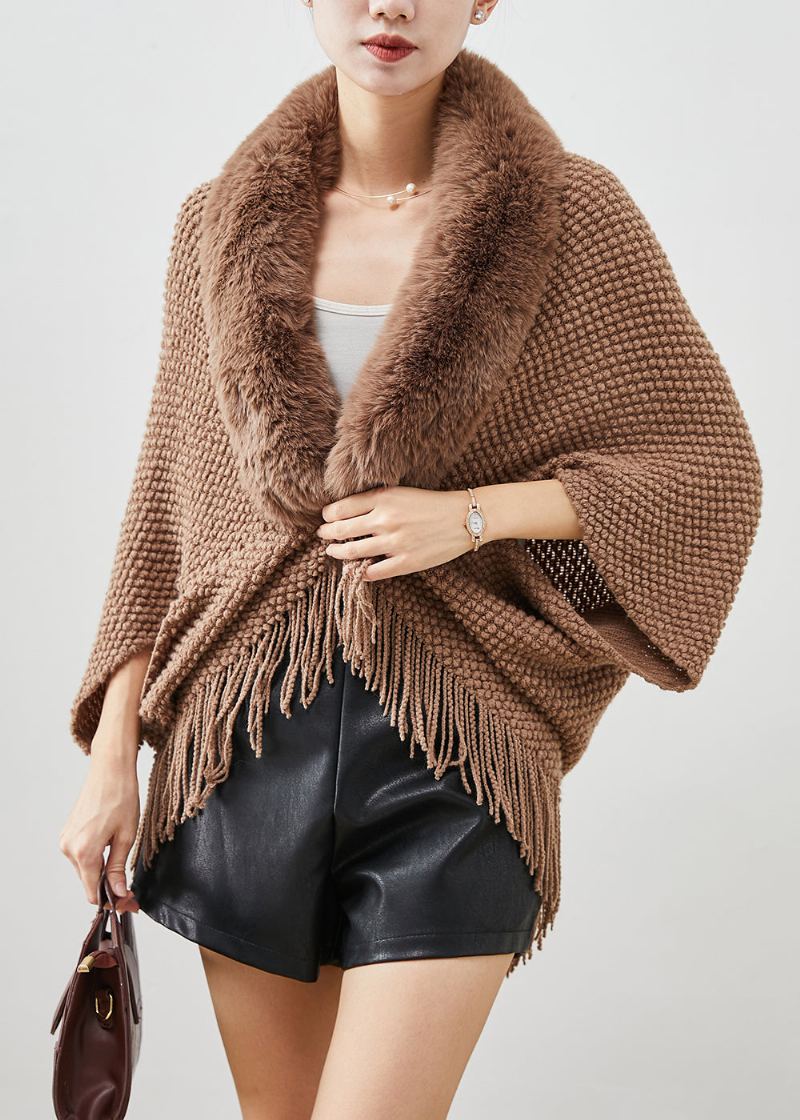 Cardigans En Tricot À Glands Et Col En Fourrure Marron Boho Automne - Cardigans femmes