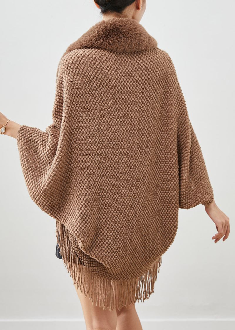 Cardigans En Tricot À Glands Et Col En Fourrure Marron Boho Automne - Cardigans femmes