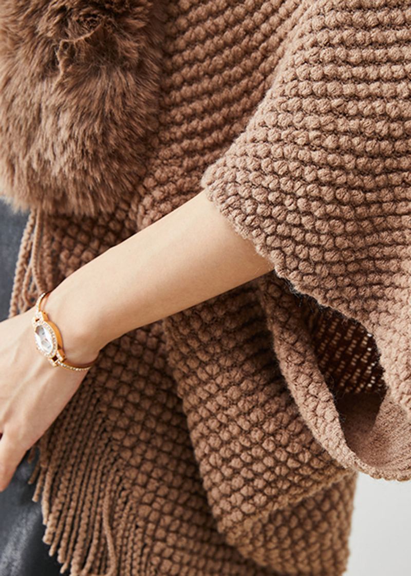 Cardigans En Tricot À Glands Et Col En Fourrure Marron Boho Automne - Cardigans femmes