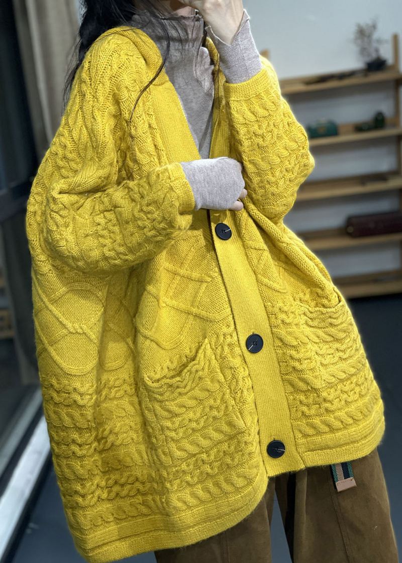 Cardigans En Tricot Jaune Moderne Avec Poches Surdimensionnées En Poils De Lapin - Jaune
