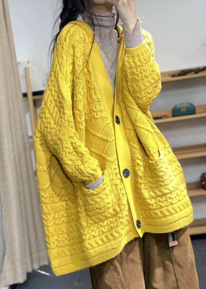 Cardigans En Tricot Jaune Moderne Avec Poches Surdimensionnées En Poils De Lapin - Jaune