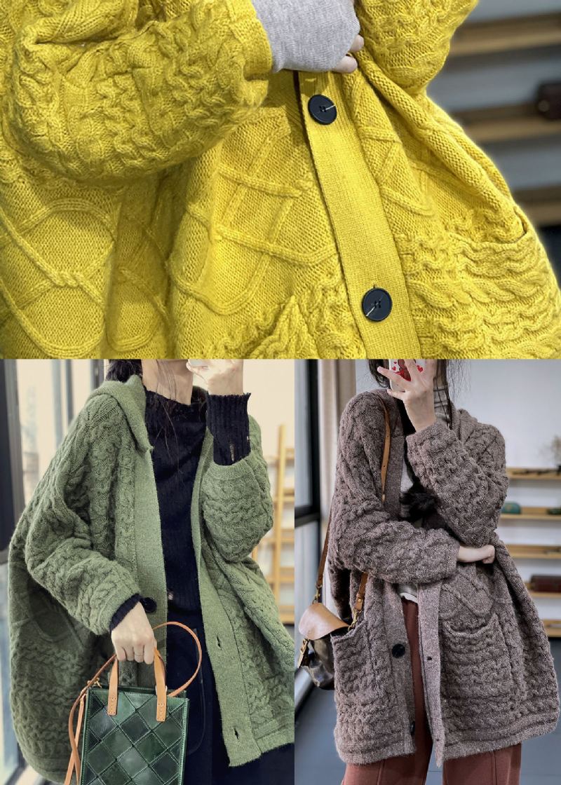 Cardigans En Tricot Jaune Moderne Avec Poches Surdimensionnées En Poils De Lapin - Jaune