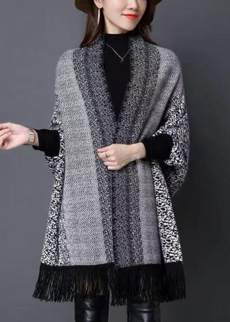 Cardigans En Tricot Patchwork À Franges Et Col En V Gris De Grande Taille Automne - Cardigans femmes