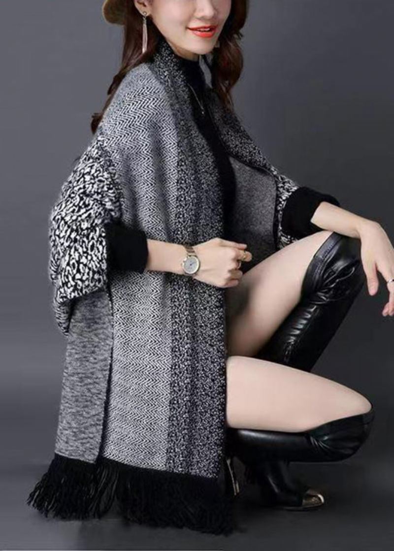 Cardigans En Tricot Patchwork À Franges Et Col En V Gris De Grande Taille Automne - Cardigans femmes