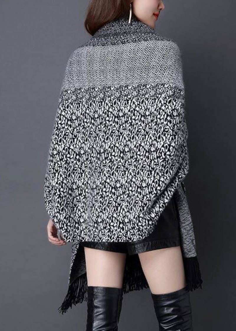 Cardigans En Tricot Patchwork À Franges Et Col En V Gris De Grande Taille Automne - Cardigans femmes