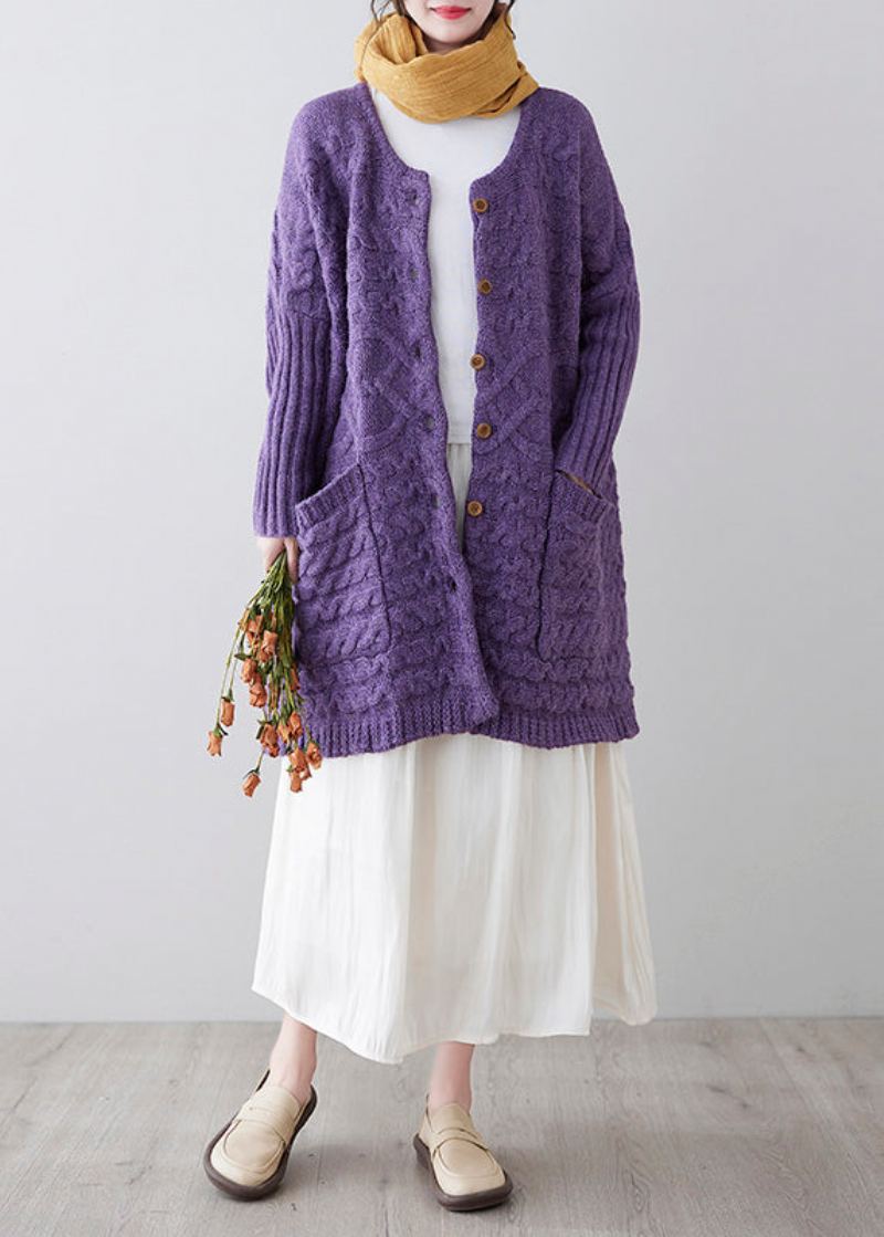 Cardigans En Tricot Violet Pour Femmes Col Rond Boutons Amples Printemps