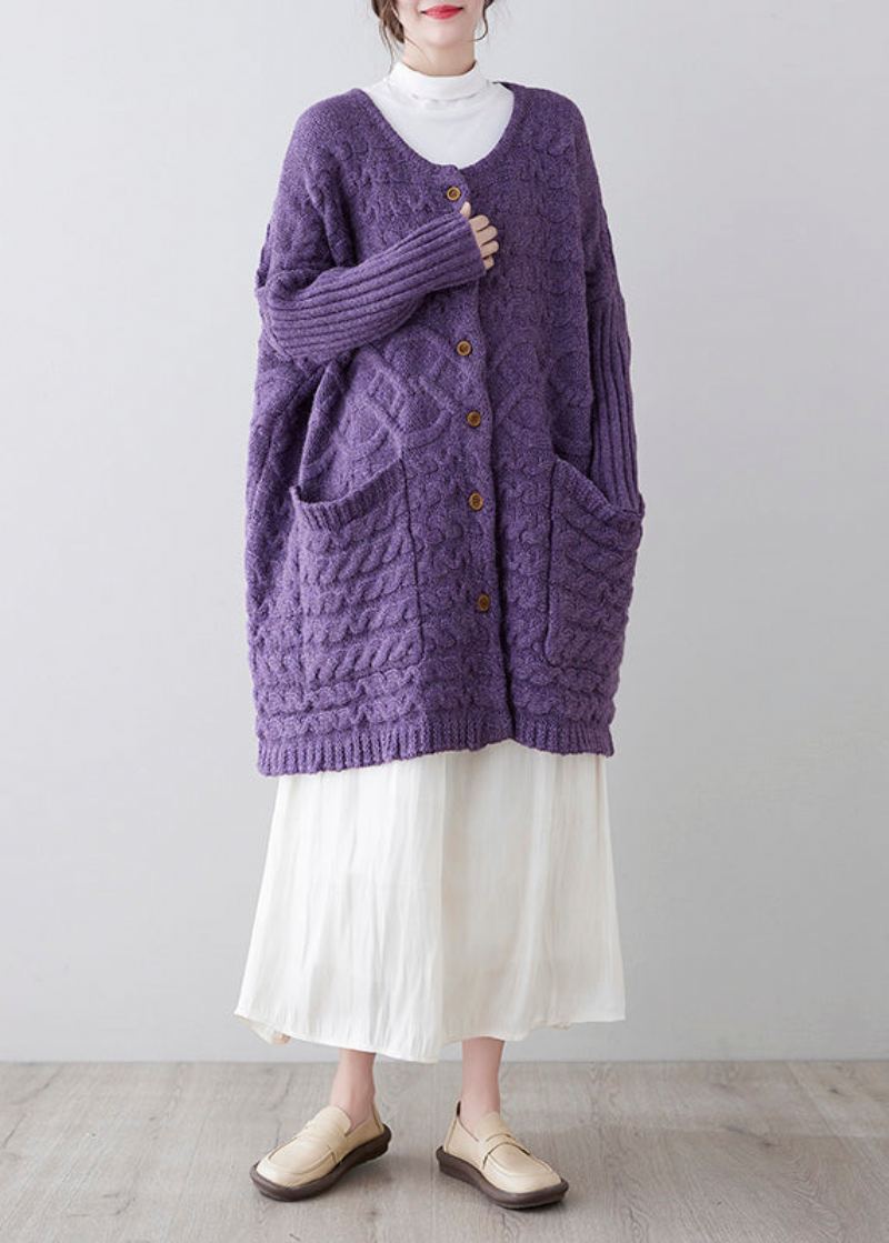 Cardigans En Tricot Violet Pour Femmes Col Rond Boutons Amples Printemps - Cardigans femmes
