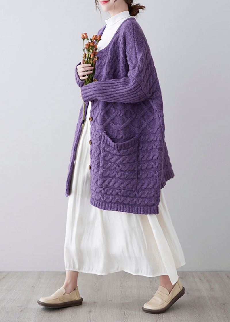 Cardigans En Tricot Violet Pour Femmes Col Rond Boutons Amples Printemps - Cardigans femmes