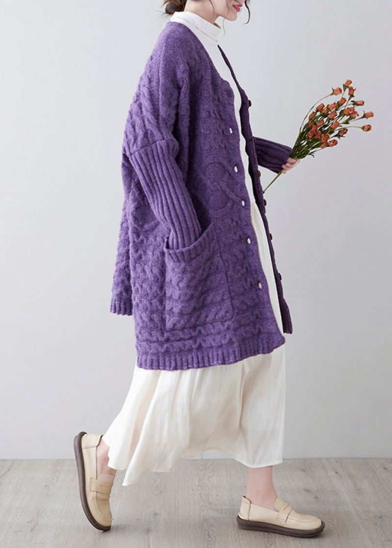 Cardigans En Tricot Violet Pour Femmes Col Rond Boutons Amples Printemps - Cardigans femmes