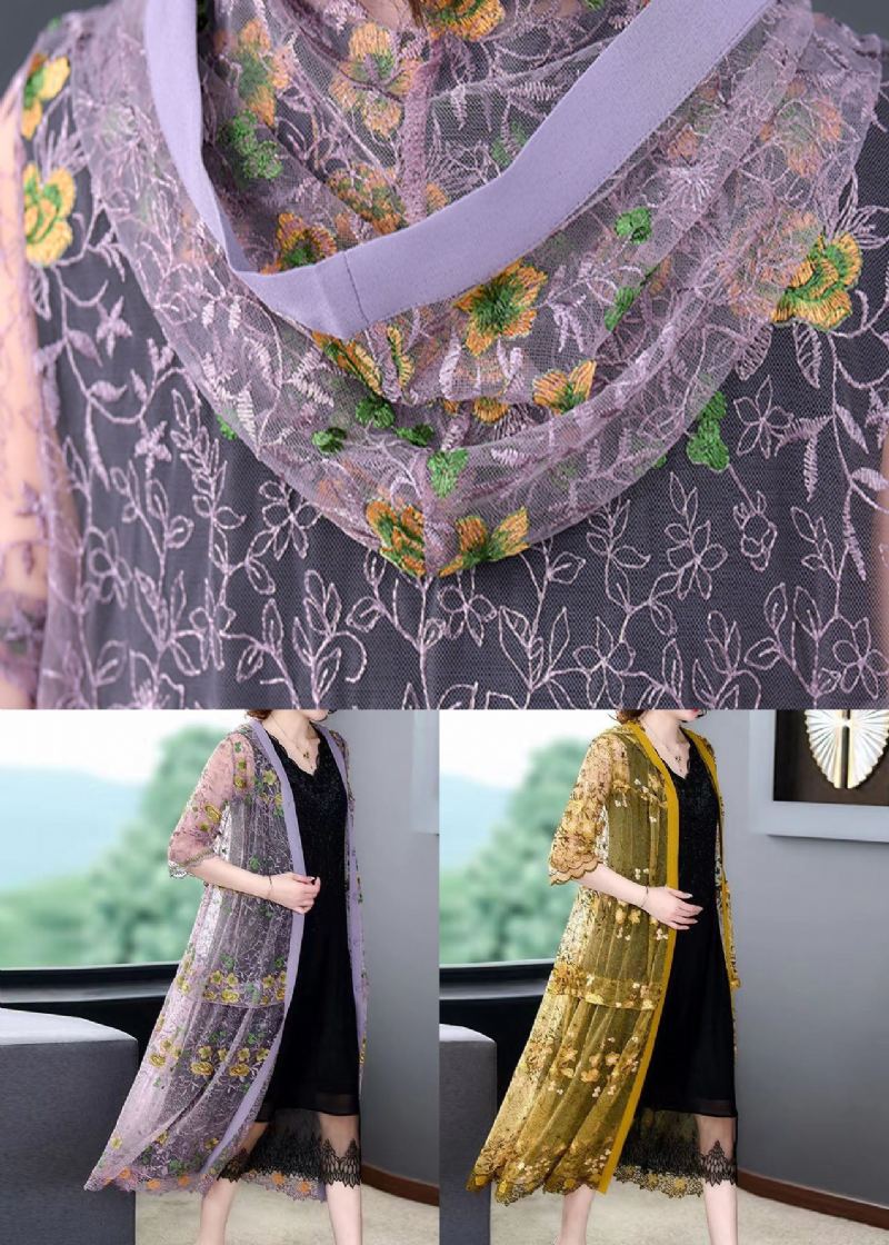 Cardigans En Tulle Jaune Patchwork À Capuche Brodé Été Froissé - Cardigans femmes