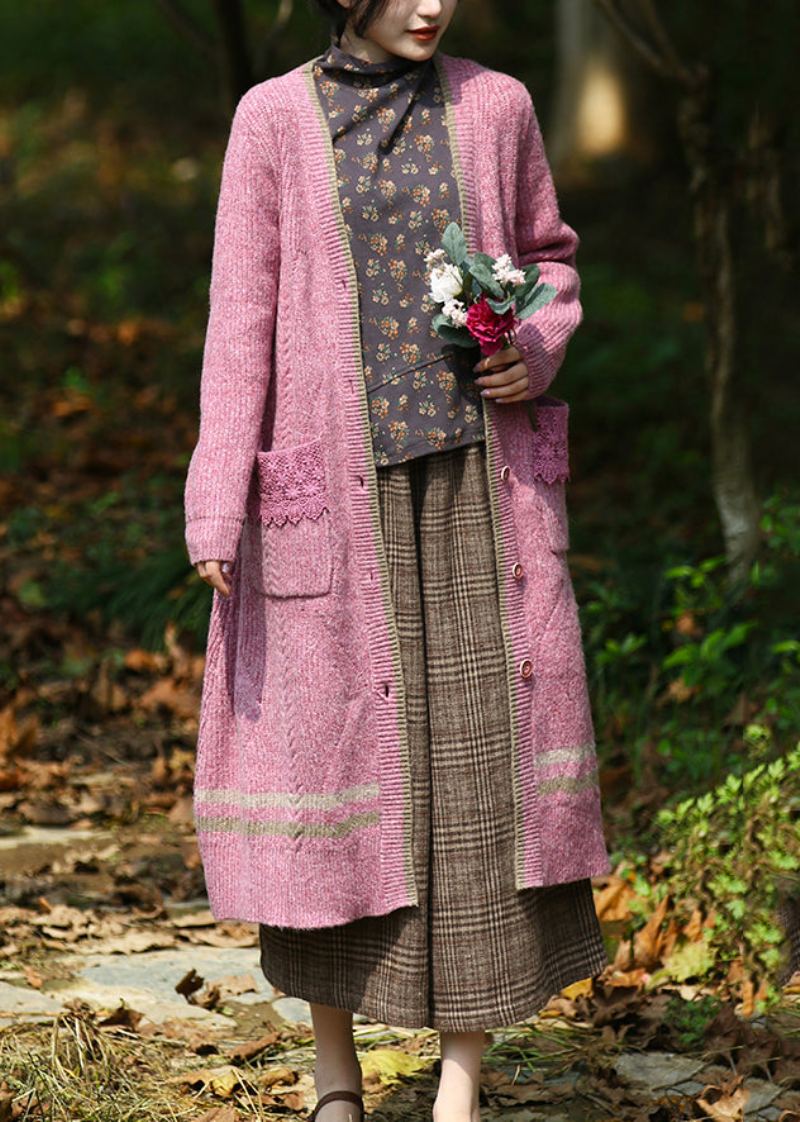 Chic Violet Col En V Bouton Patchwork Tricoté Fil De Coton Longs Cardigans Automne - Cardigans femmes