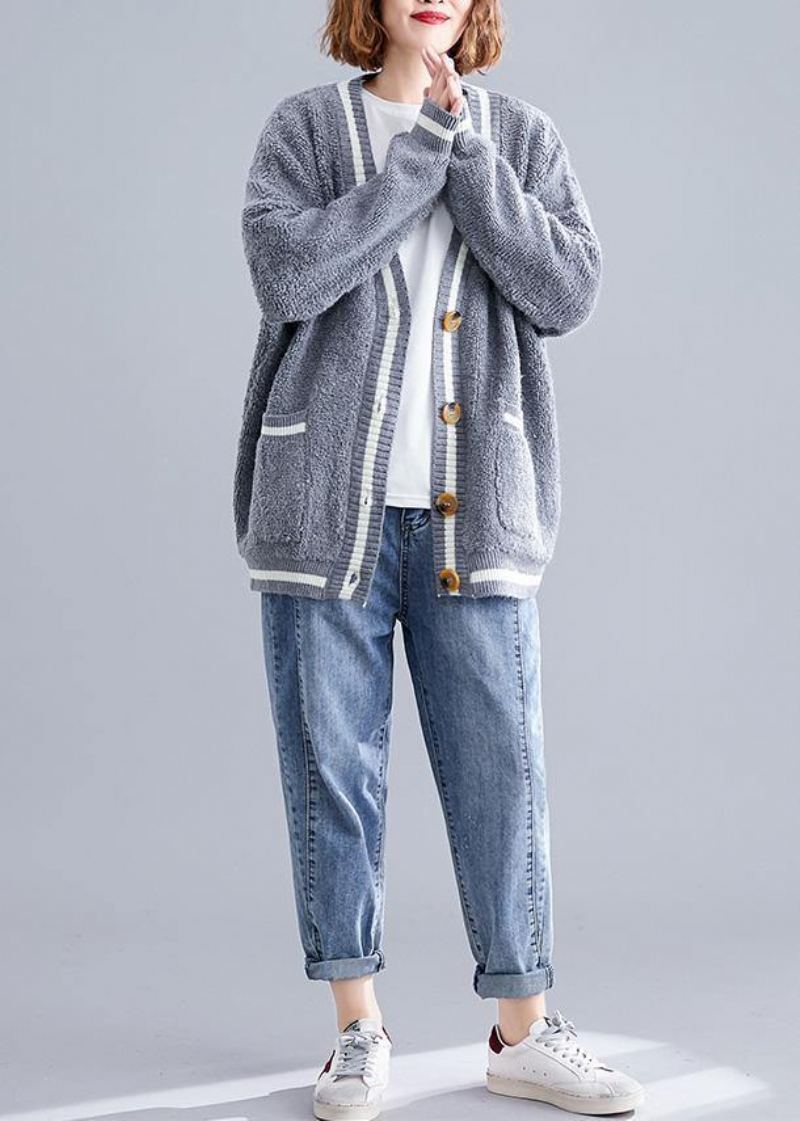 Confortables Grandes Poches Gris Col En V Tricots Grande Taille Vêtements Automne Vestes Tricotées - Beige
