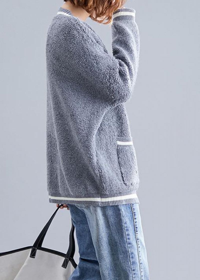 Confortables Grandes Poches Gris Col En V Tricots Grande Taille Vêtements Automne Vestes Tricotées - Beige