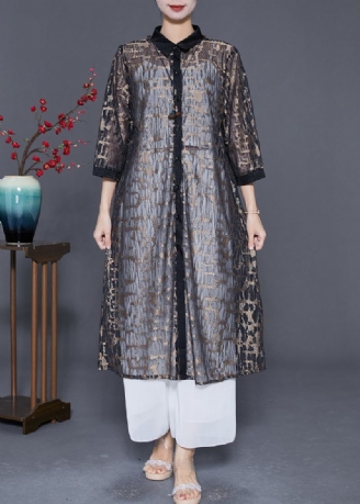 Élégant Noir Jacquard Évider Tulle Long Cardigan Été
