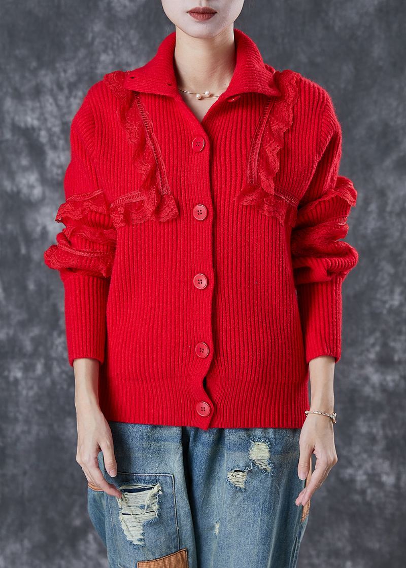 Élégant Rouge Col Claudine Dentelle Patchwork Tricot Manteaux Hiver - Cardigans femmes