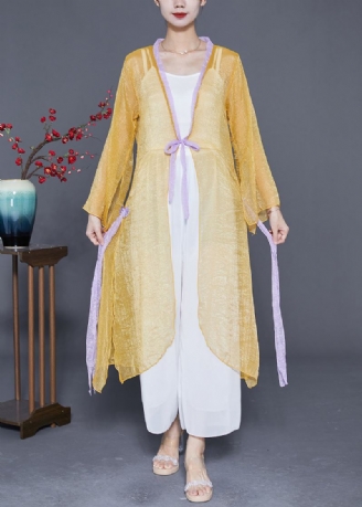 Femmes Jaune À Lacets Patchwork Mousseline De Soie Upf 50 + Cardigan Été