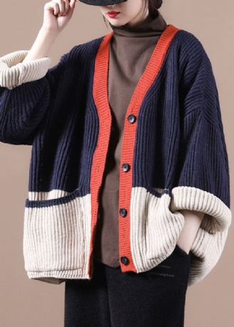 Femmes Marine Col En V Patchwork Bouton Épais Tricot Pulls Manteaux Automne