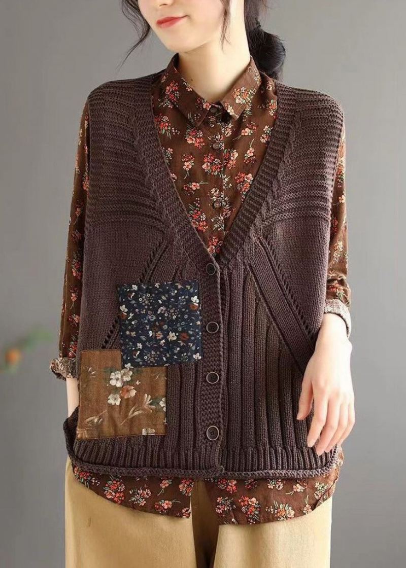 Gilet Marron Simple En Tricot De Coton Ajouré Avec Boutons Et Col En V Sans Manches - Cardigans femmes