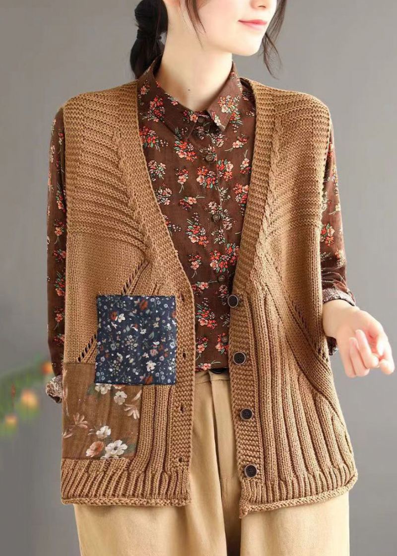 Gilet Marron Simple En Tricot De Coton Ajouré Avec Boutons Et Col En V Sans Manches - Cardigans femmes