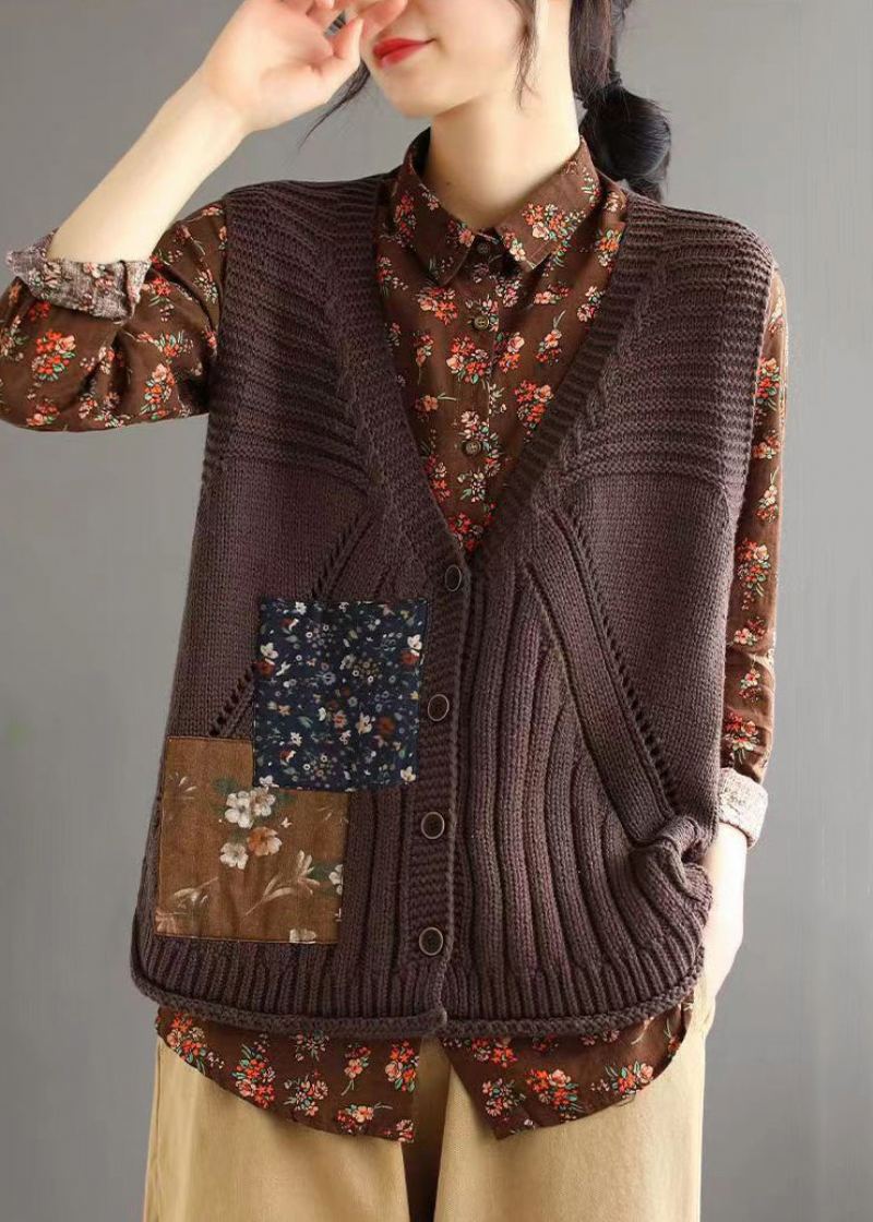 Gilet Marron Simple En Tricot De Coton Ajouré Avec Boutons Et Col En V Sans Manches - Cardigans femmes