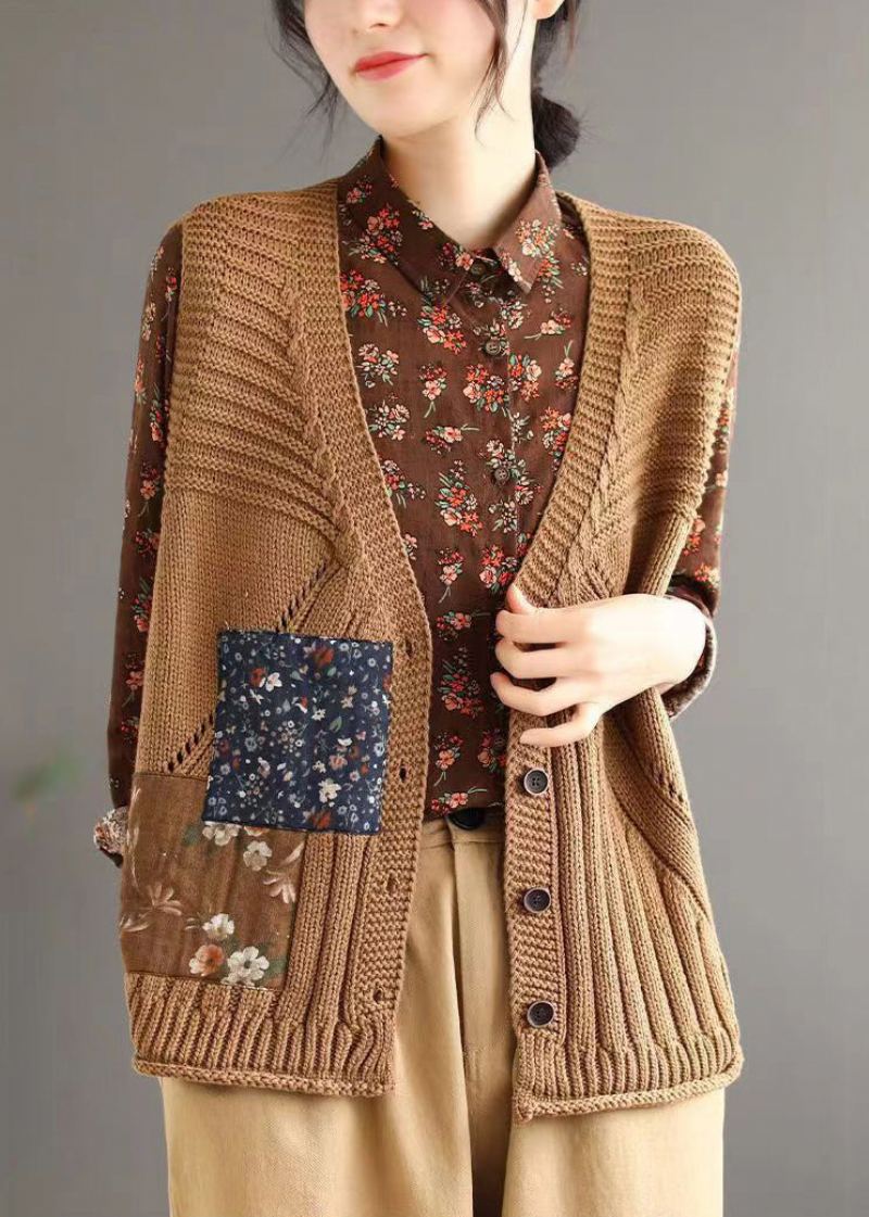 Gilet Marron Simple En Tricot De Coton Ajouré Avec Boutons Et Col En V Sans Manches - Cardigans femmes